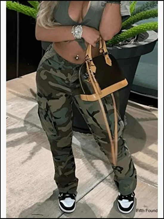 High Waist Camo Cargo Pants Slim Fit Elastic Trousers with Pockets - Picture 4 of 7